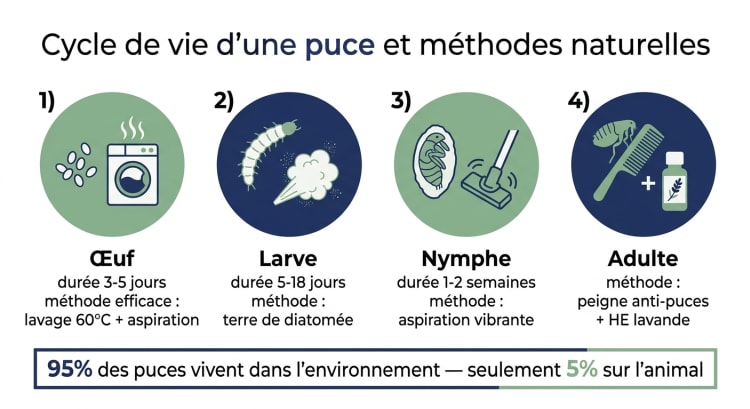 Cycle de vie d'une puce en 4 étapes (œuf, larve, nymphe, adulte) avec les méthodes naturelles efficaces à chaque stade et la statistique : 95 % des puces vivent dans l'environnement