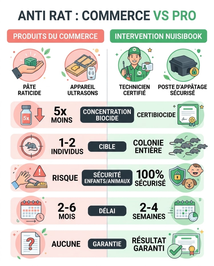 Infographie comparative anti rat : produits du commerce versus intervention Nuisibook sur 5 critères clés (concentration biocide, cible, sécurité, délai d'éradication, garantie)