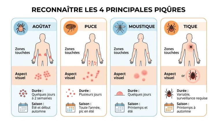 Infographie comparative en français présentant les différences entre piqûres d'aoutat, de puce, de moustique et de tique : zones du corps touchées, aspect des boutons, durée des démangeaisons et saison d'activité