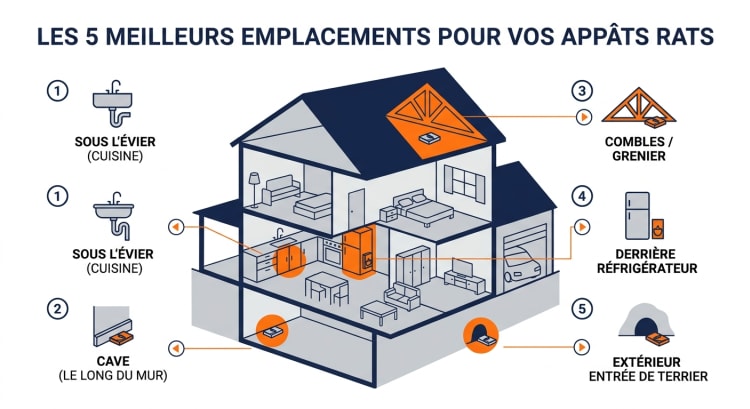 Schéma des 5 emplacements prioritaires pour poser des appâts contre les rats dans une maison : sous l'évier, en cave, en grenier, derrière le réfrigérateur et en extérieur à l'entrée des terriers
