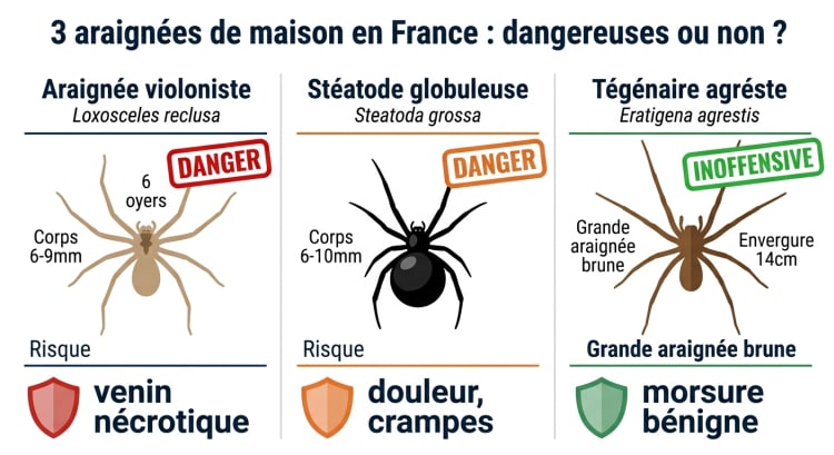 Comparatif des 3 araignées de maison en France selon leur dangerosité : violoniste (élevée, venin nécrotique), stéatode (modérée, douleur et crampes) et tégénaire (faible, inoffensive)