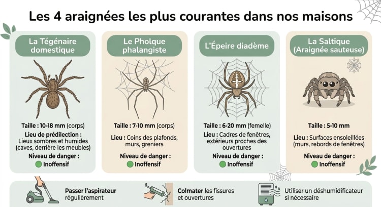 Infographie présentant les 4 araignées les plus courantes dans les maisons françaises : tégénaire, pholque, épeire et saltique, avec leur taille, leur habitat préféré et les gestes de prévention recommandés