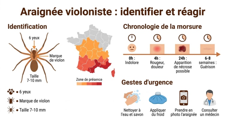 Infographie d'identification de l'araignée violoniste en France : critères visuels (6 yeux, marque en violon, taille 7-10 mm), carte des zones de présence dans le sud de la France, chronologie des symptômes après morsure et gestes d'urgence à adopter