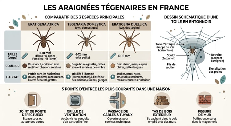 Infographie comparative des 3 espèces de tégenaires en France : taille, habitat, toile en entonnoir et principaux points d'entrée dans les habitations
