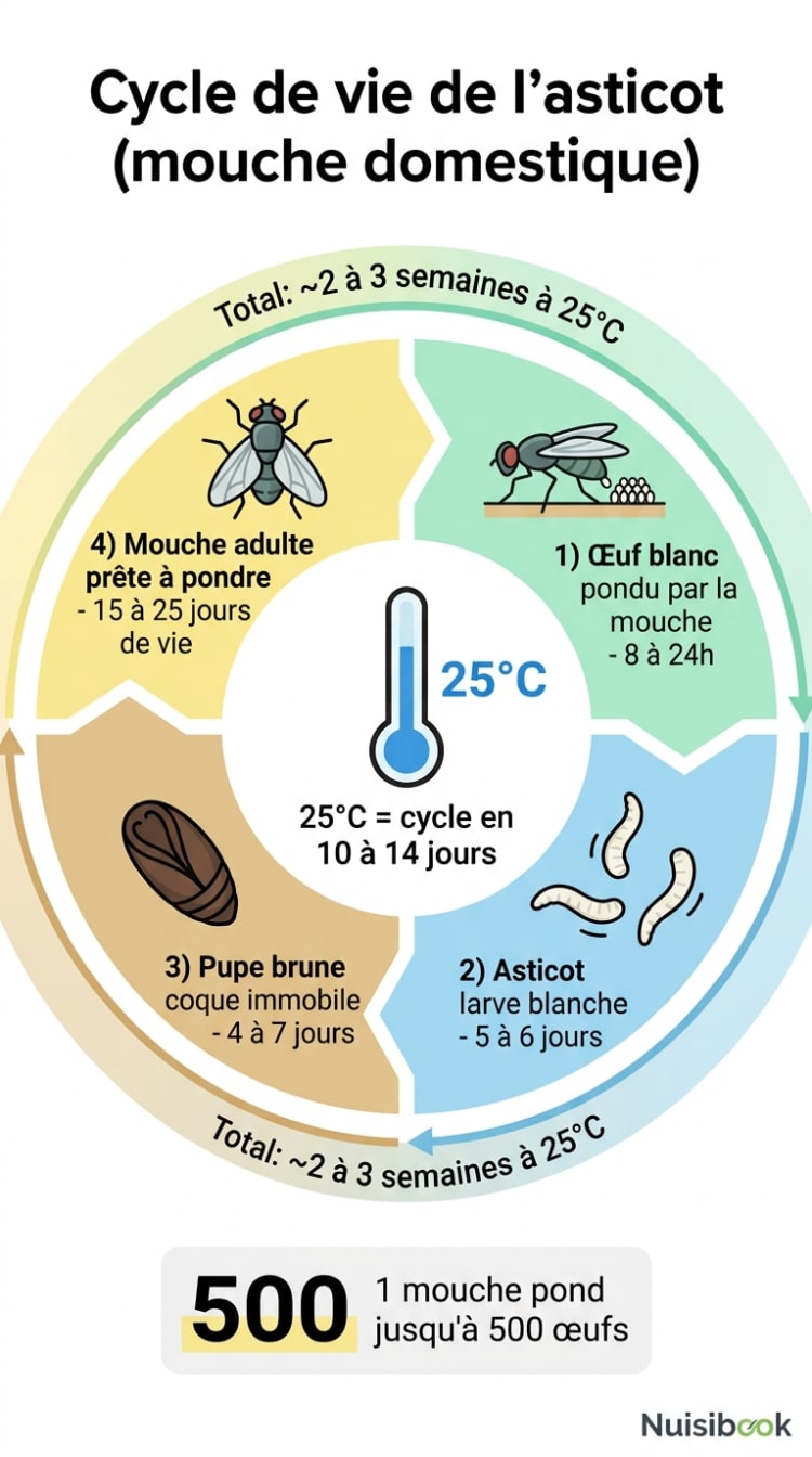 Infographie du cycle de vie de l'asticot en 4 étapes : œuf, larve, pupe et mouche adulte, avec la durée de chaque phase à 25°C.