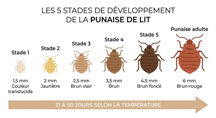 Schéma des 5 stades larvaires de la punaise de lit avec taille en mm et couleur pour chaque nymphe, de translucide à brun foncé, jusqu'à l'adulte de 6 mm