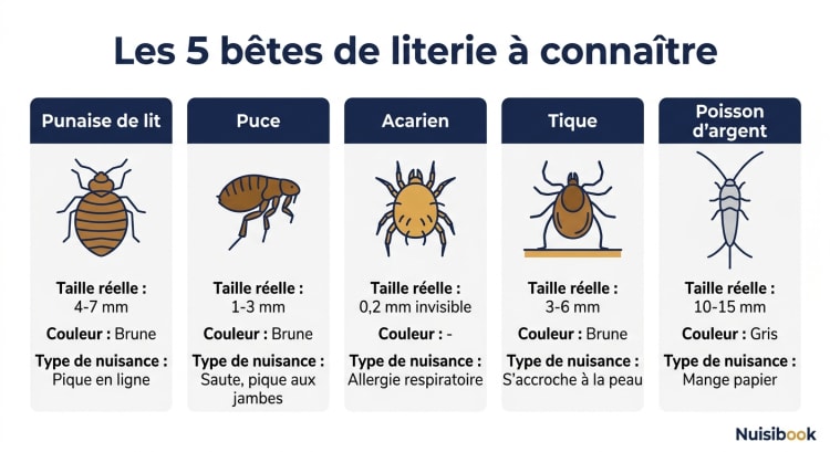 Infographie comparant les 5 bêtes de literie les plus fréquentes : punaise de lit, puce, acarien, tique et poisson d'argent, avec taille, couleur et type de nuisance pour chacune.