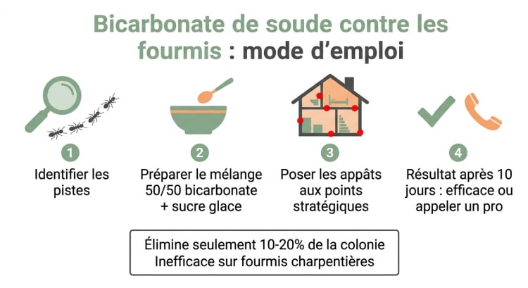 Infographie mode d'emploi du bicarbonate de soude contre les fourmis en 4 étapes : identifier les pistes, préparer le mélange, poser les appâts et évaluer les résultats après 10 jours