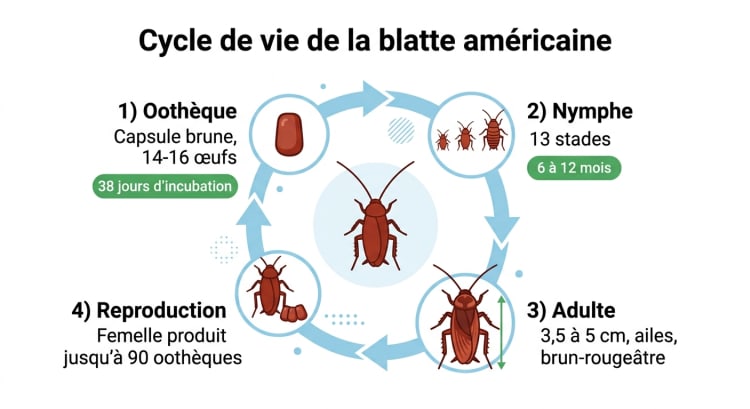 Schéma du cycle de vie de la blatte américaine : de l'oothèque à l'adulte en passant par les 13 stades nymphaux
