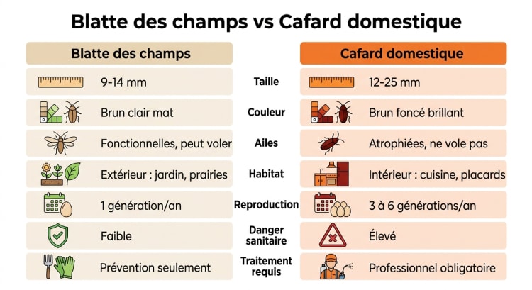 Tableau comparatif visuel entre la blatte des champs et les cafards domestiques : taille, couleur, ailes, habitat, reproduction et niveau de danger sanitaire