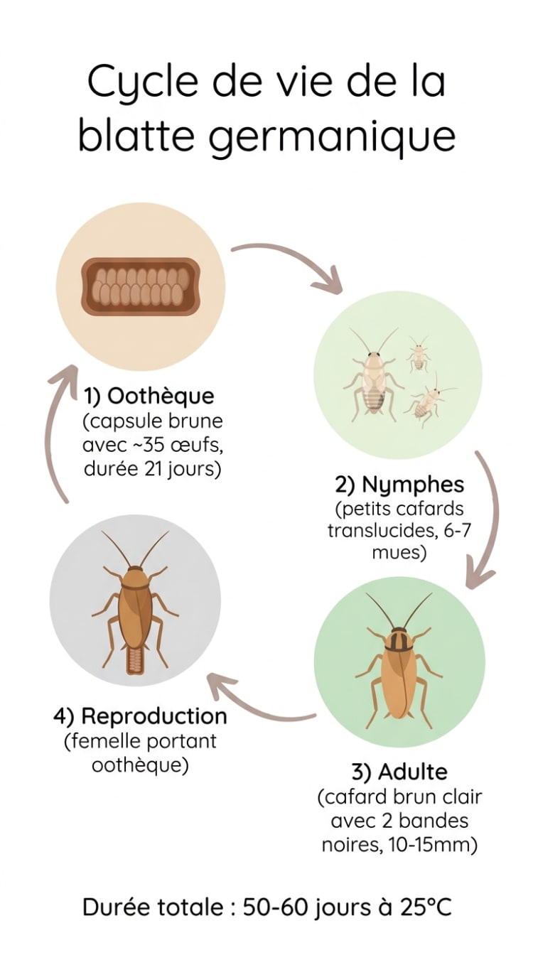 Infographie illustrant le cycle de vie en 4 étapes de la blatte germanique : oothèque, nymphes, adulte et reproduction, avec durée totale de 50 à 60 jours.