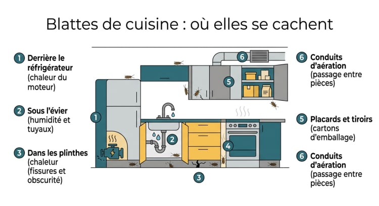 Schéma flat design en coupe d'une cuisine montrant les 6 cachettes principales des blattes : derrière le réfrigérateur, sous l'évier, dans les plinthes, derrière le four, dans les placards et dans les conduits d'aération