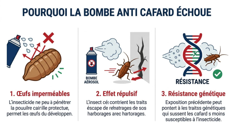 Infographie présentant les 3 raisons biologiques pour lesquelles la bombe anti cafard échoue à éradiquer une infestation : oothèques imperméables, effet répulsif qui disperse la colonie et résistance génétique aux pyréthrinoïdes.