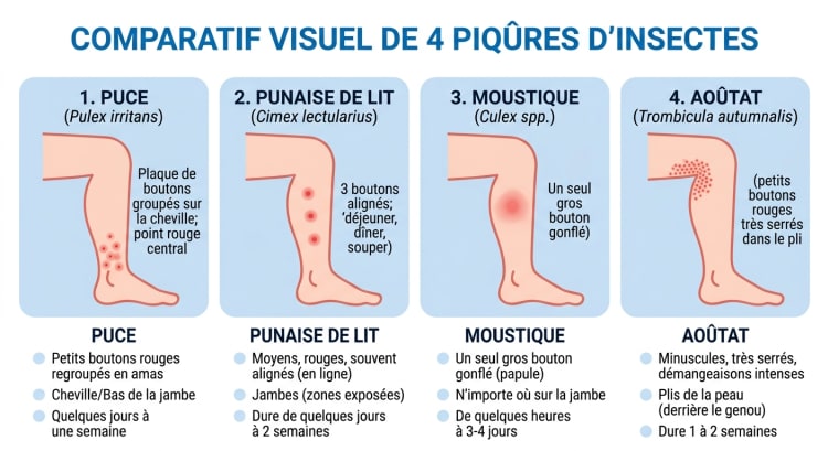 Infographie comparant les piqûres de puce, punaise de lit, moustique et aoutat : aspect visuel, taille, zone du corps touchée et durée des démangeaisons