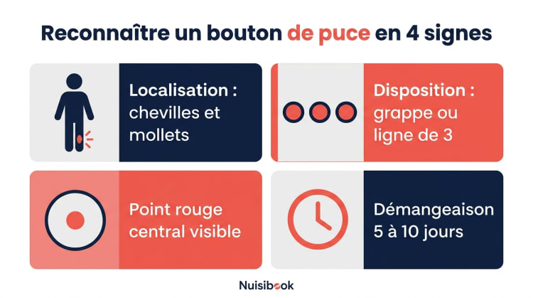 Infographie présentant les 4 signes pour reconnaître un bouton de puce : localisation aux chevilles, disposition en grappe ou ligne, point rouge central, démangeaison de 5 à 10 jours