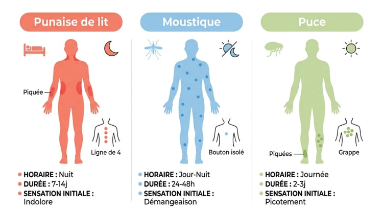 Infographie comparative des piqûres de punaise de lit, moustique et puce avec leur apparence, zone du corps, horaire d'apparition et durée pour les distinguer en un coup d'œil