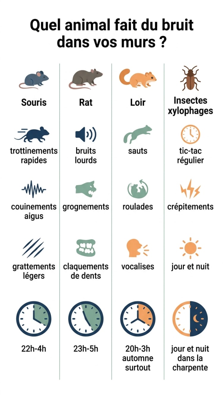 Infographie comparative identifiant les bruits nocturnes dans les murs selon l'animal : souris, rat, loir et insectes xylophages, avec leurs sons caractéristiques et leurs horaires d'activité.