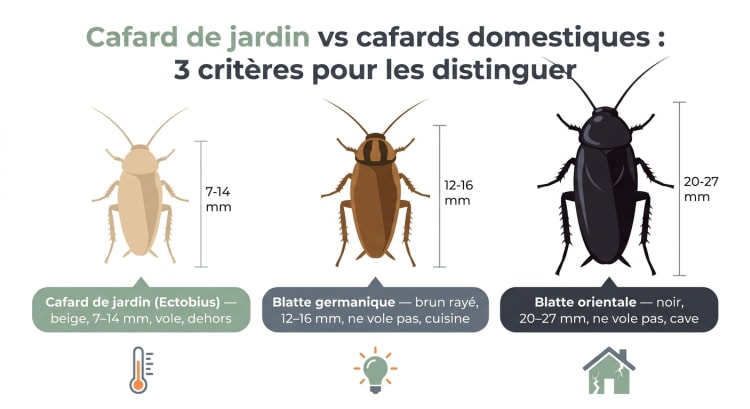 Infographie comparative des trois principales espèces de blattes en France : cafard de jardin Ectobius beige de 7 à 14 mm capable de voler, blatte germanique brune rayée de 12 à 16 mm vivant en cuisine, et blatte orientale noire de 20 à 27 mm cantonnée aux caves, avec leurs critères de différenciation visuelle