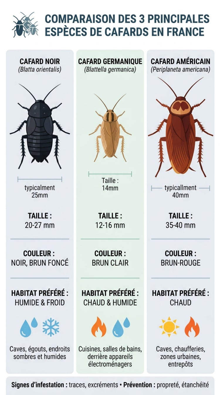 Infographie comparative des trois espèces de cafards en France : cafard noir, cafard germanique et cafard américain avec taille, couleur et habitat