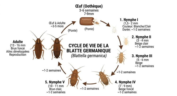 Cycle de développement de la blatte germanique : de la larve de cafard (nymphe N1) à l'adulte en 6 stades de mue