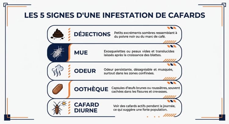 Infographie des 5 signes d'une infestation de cafards : déjections, mues, odeur, oothèques et présence diurne