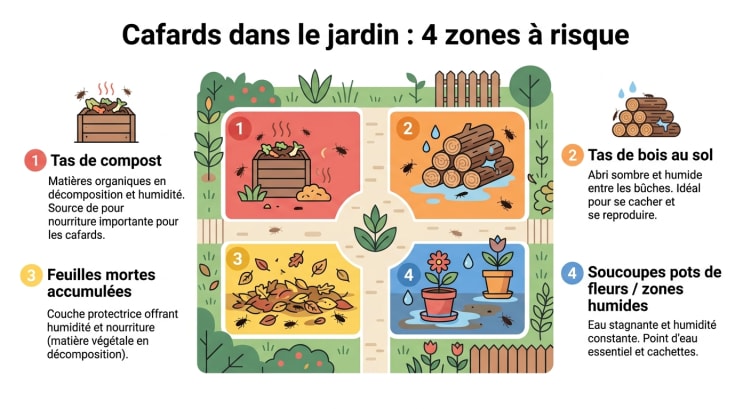 Infographie présentant les 4 zones du jardin à risque pour les cafards : compost, tas de bois, feuilles mortes et zones humides