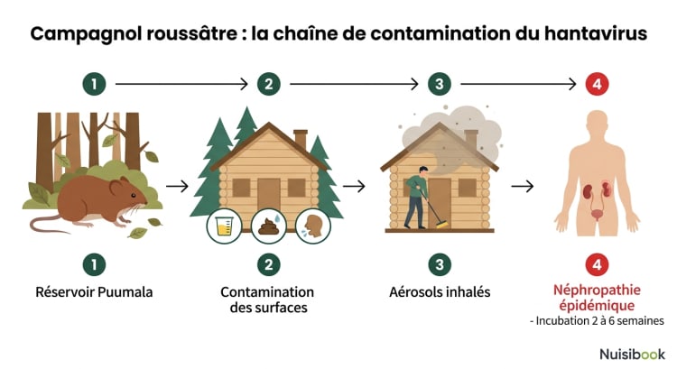 Infographie expliquant la chaîne de contamination du hantavirus du campagnol roussâtre à l'homme en 4 étapes : réservoir forestier, contamination des cabanes, inhalation d'aérosols et apparition de la néphropathie épidémique
