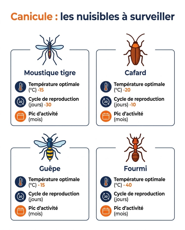Infographie comparant l'impact de la canicule sur 4 nuisibles courants : moustique tigre, cafard, guêpe et fourmi, avec leur température optimale, leur cycle de reproduction et leur pic d'activité saisonnière.