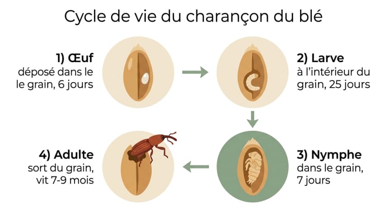 Infographie illustrant le cycle de vie en 4 étapes du charançon du blé : œuf déposé dans le grain (6 jours), larve qui se développe à l'intérieur (25 jours), nymphe (7 jours) puis adulte qui émerge et vit 7 à 9 mois.