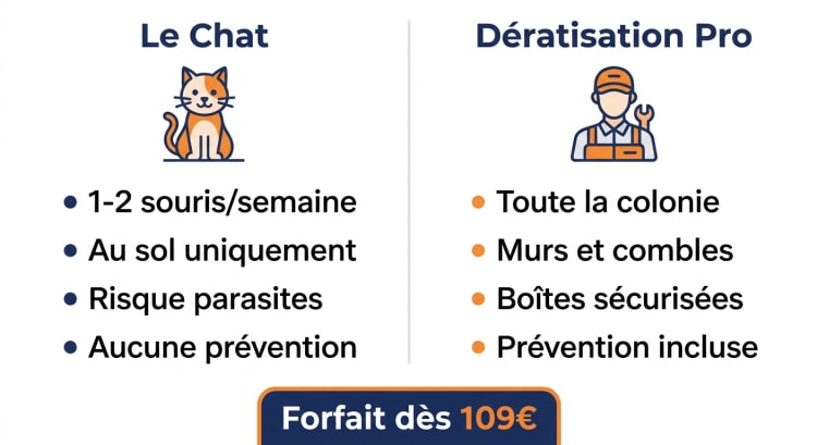 Infographie comparative chat vs dératisation professionnelle : capacités de chasse, zones traitées, sécurité animal et prévention