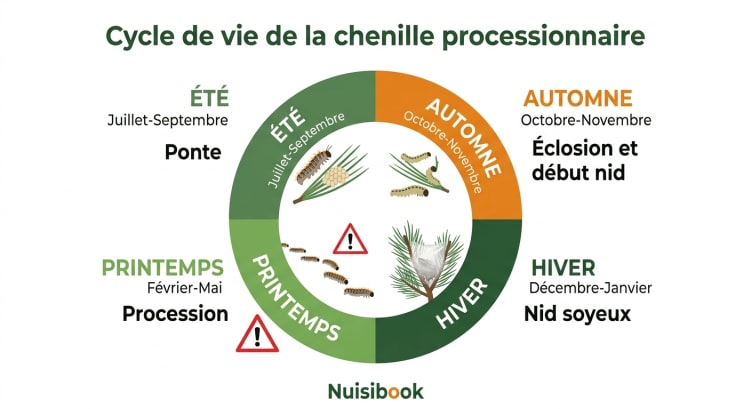 Infographie présentant le cycle de vie annuel de la chenille processionnaire du pin avec les 4 phases saisonnières : ponte estivale, éclosion automnale, formation du nid en hiver et procession printanière dangereuse
