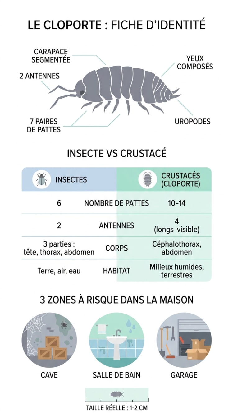Infographie présentant la fiche d'identité du cloporte : anatomie détaillée avec ses sept paires de pattes et antennes, comparaison entre insecte et crustacé, zones à risque dans la maison (cave, salle de bain, garage) et échelle de taille