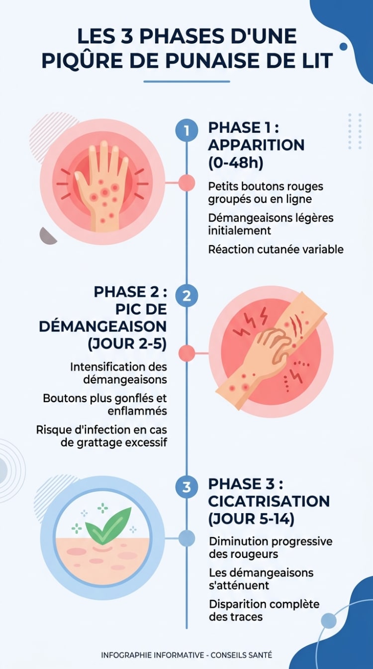 Infographie montrant les 3 phases d'une piqûre de punaise de lit : apparition en 0-48h, pic de démangeaison entre jour 2 et 5, cicatrisation entre jour 5 et 14