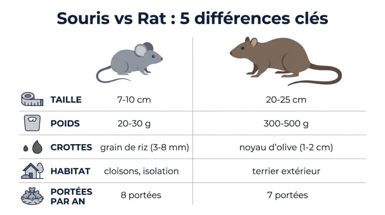 Infographie comparant la souris et le rat sur cinq critères : taille, poids, crottes, habitat et portées annuelles