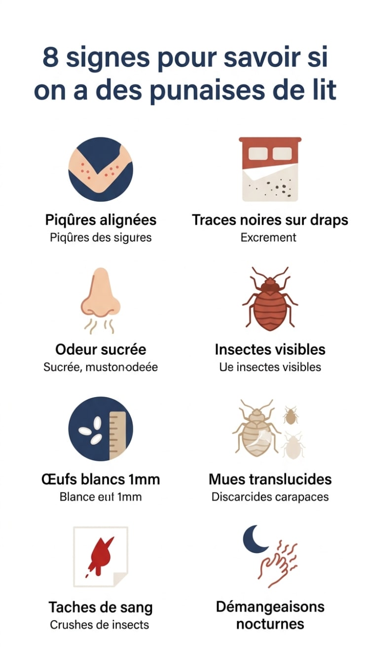 Infographie présentant les 8 signes infaillibles pour détecter la présence de punaises de lit chez soi : piqûres alignées, traces noires, odeur sucrée, insectes visibles, œufs, mues, taches de sang et démangeaisons nocturnes.