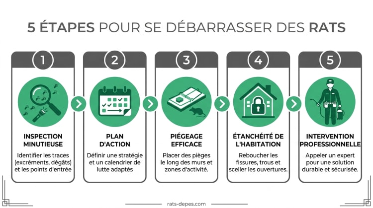 Infographie 5 étapes pour se débarrasser des rats : identifier les signes, évaluer la colonie, traiter avec pièges et appâts, bloquer les accès, faire appel à un professionnel