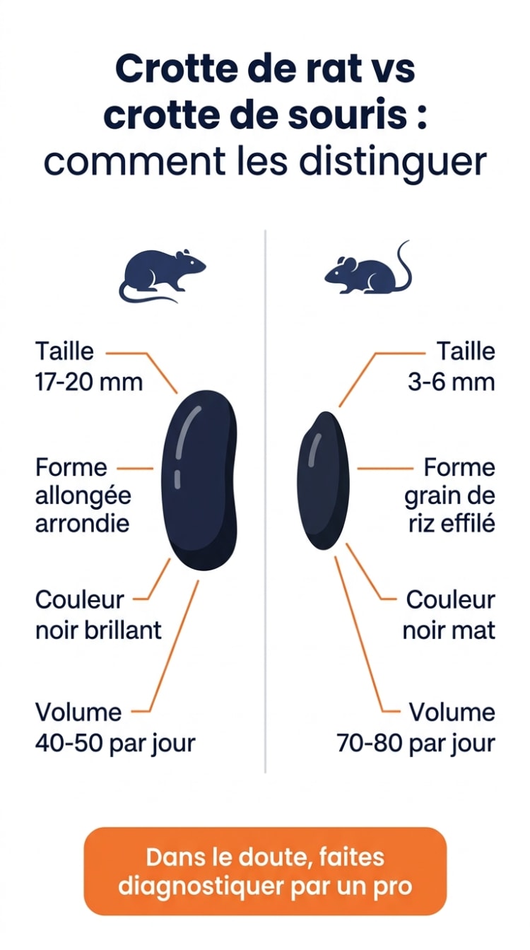 Infographie comparant les crottes de rat (17-20 mm, forme allongée) et les crottes de souris (3-6 mm, forme grain de riz) avec taille, forme, couleur et volume produit par jour