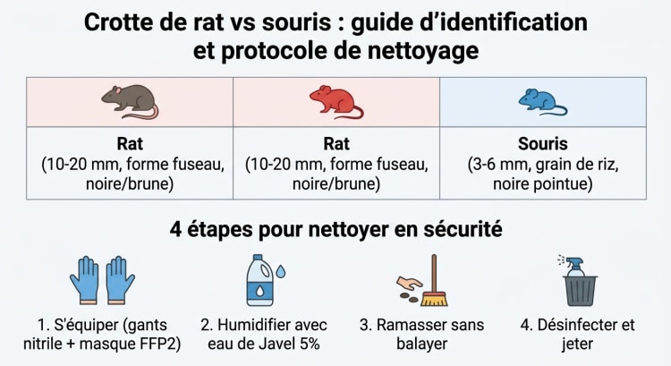 Infographie comparative crottes de rat et de souris avec protocole de nettoyage sécurisé en 4 étapes