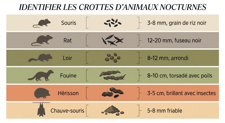 Infographie comparative des crottes d'animaux nocturnes : souris, rat, loir, fouine, hérisson et chauve-souris avec taille, forme et couleur pour chaque espèce