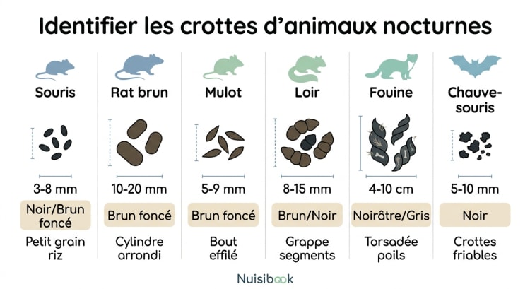 Infographie comparative montrant les crottes de souris, rat brun, mulot, loir, fouine et chauve-souris avec leur taille, forme et aspect pour faciliter l'identification de l'animal nocturne responsable