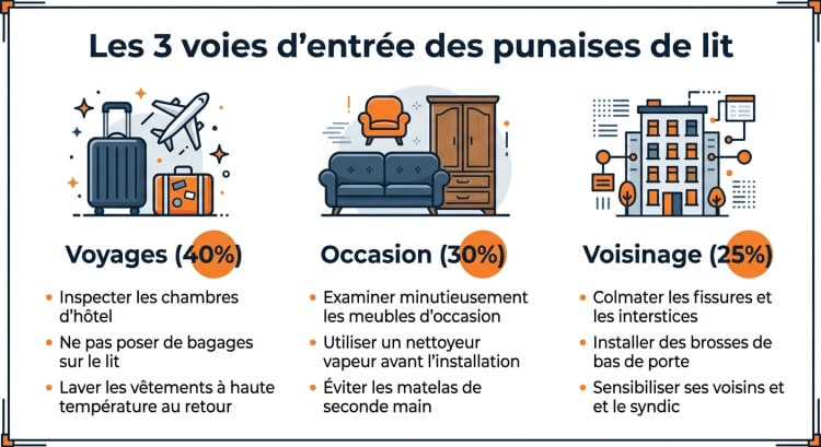 Infographie montrant les 3 voies d'entrée des punaises de lit : voyages 40%, meubles d'occasion 30%, voisinage 25%, avec conseils de prévention pour chaque vecteur