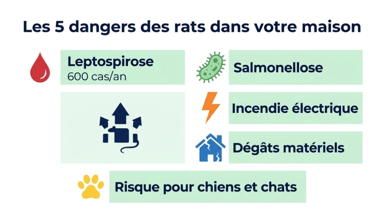 Infographie présentant les 5 principaux dangers des rats : leptospirose avec 600 cas annuels en France, salmonellose, risque d'incendie par câbles rongés, dégâts matériels sur l'isolation et la structure, et danger pour les animaux domestiques.