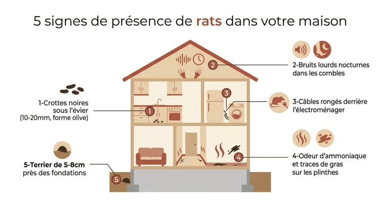 Infographie des 5 signes de présence de rats dans une maison : crottes, bruits nocturnes, dégâts matériels, odeur et terriers