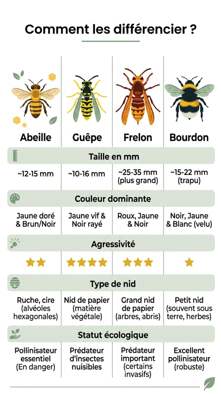 Infographie comparative présentant l'abeille, la guêpe, le frelon et le bourdon avec leurs critères d'identification : taille, couleur, agressivité, type de nid et statut écologique