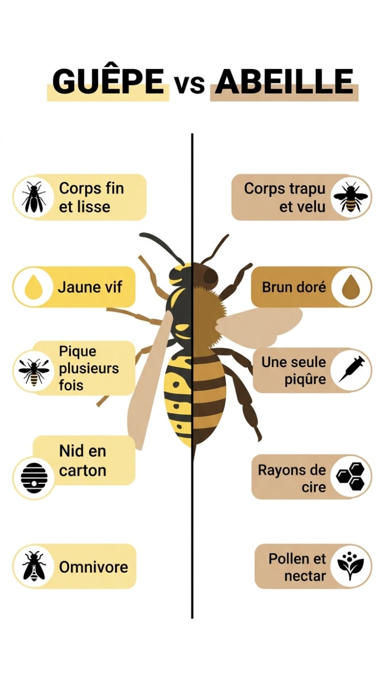 Infographie comparative montrant les cinq différences entre une guêpe et une abeille : forme du corps, couleur, type de piqûre, type de nid et alimentation