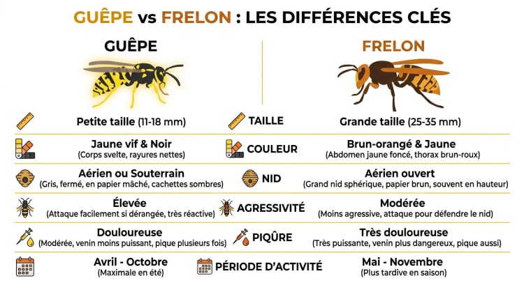 Infographie comparant les différences entre guêpe et frelon : taille, couleur, type de nid, niveau d'agressivité, douleur de piqûre et période d'activité