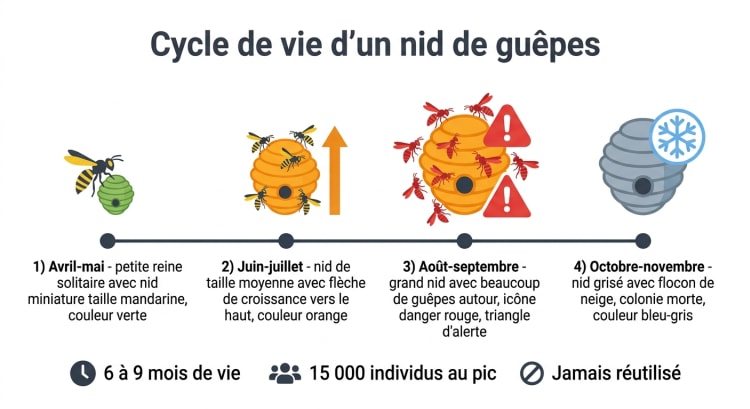 Infographie du cycle de vie d'un nid de guêpes en 4 phases : fondation en avril-mai, croissance en juin-juillet, pic d'activité en août-septembre et déclin en octobre-novembre