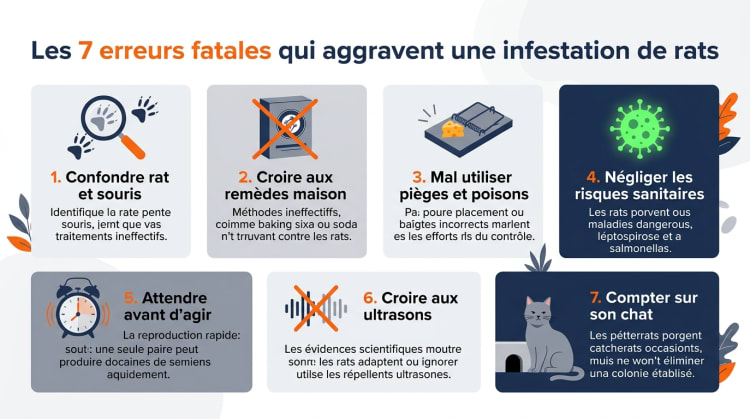 Infographie des 7 erreurs fatales qui aggravent une infestation de rats : confusion rat/souris, remèdes maison, mauvaise utilisation des pièges, risques sanitaires négligés, attentisme, ultrasons et chat domestique