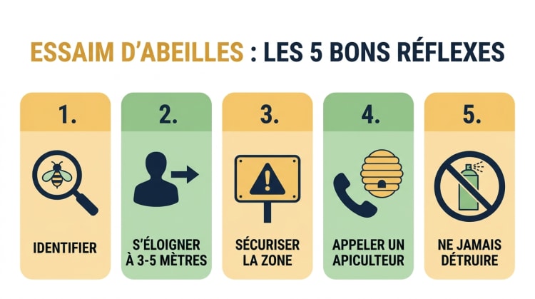 Infographie présentant les 5 bons réflexes face à un essaim d'abeilles : identifier l'insecte, s'éloigner à 3 mètres, sécuriser la zone, appeler un apiculteur et ne jamais détruire la colonie.