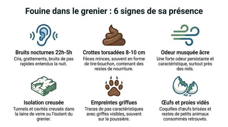 Infographie présentant les 6 signes qui trahissent la présence d'une fouine dans un grenier : bruits nocturnes, crottes torsadées, odeur musquée, isolation creusée, empreintes griffues et œufs vidés